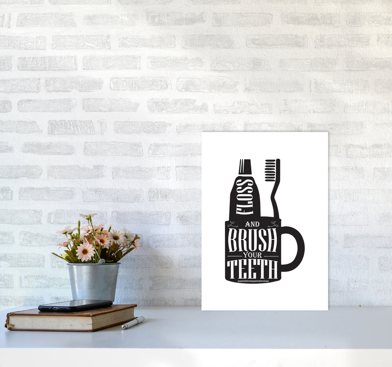 Brush Your Teeth, Bathroom Modern Print, Framed Bathroom Wall Art A3 Black Frame