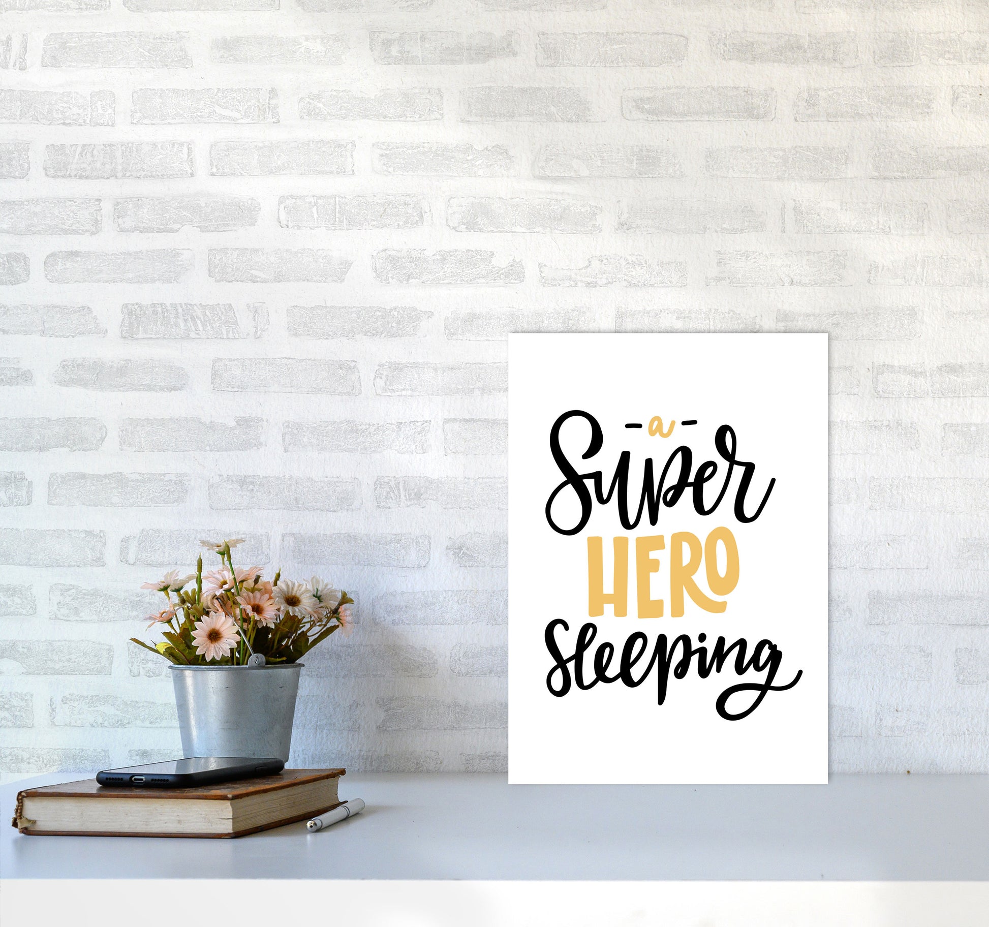 Superhero Sleeping Mustard And Black Framed Nursey Wall Art Print A3 Black Frame