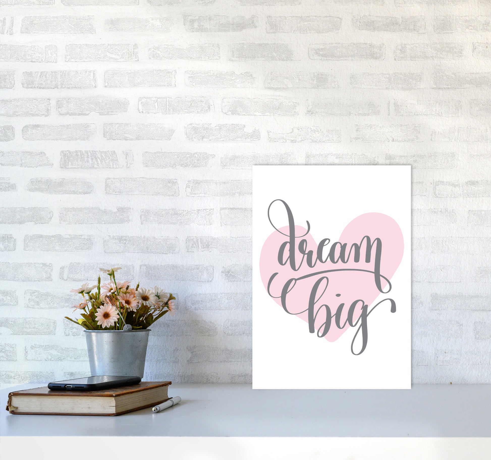 Dream Big Pink Heart Framed Nursey Wall Art Print A3 Black Frame