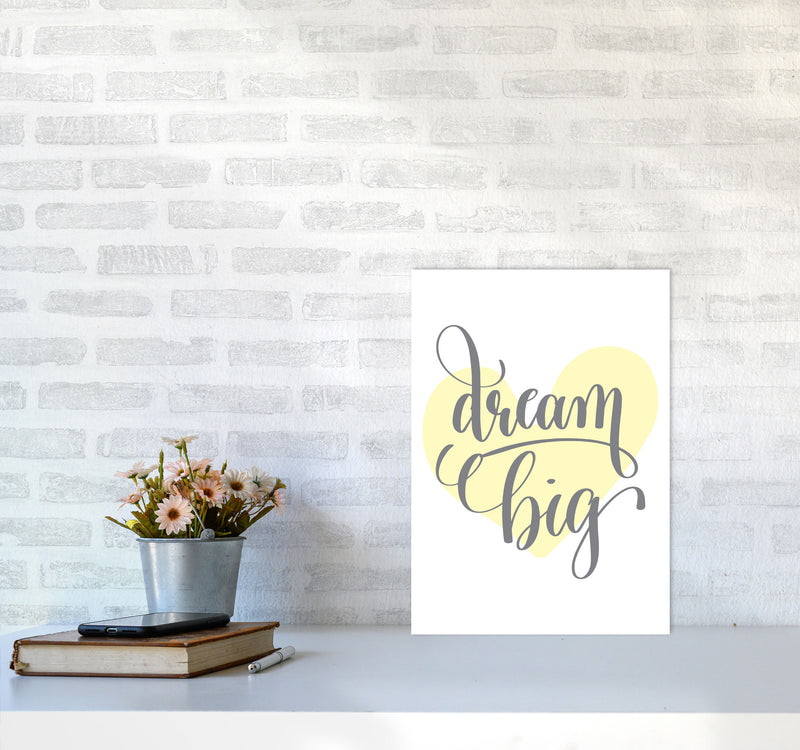 Dream Big Yellow Heart Framed Nursey Wall Art Print A3 Black Frame