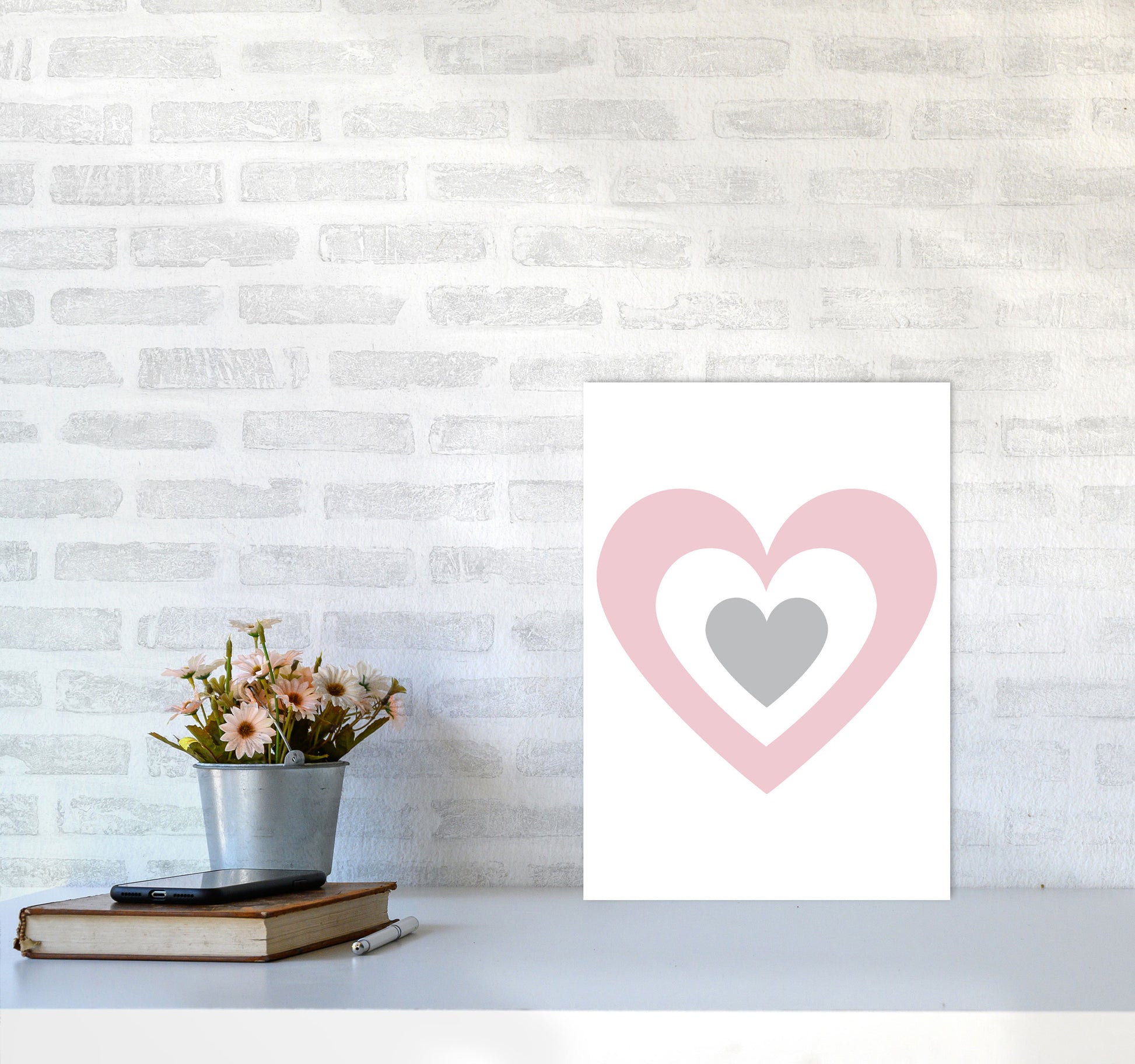 Pink And Grey Heart Modern Print A3 Black Frame