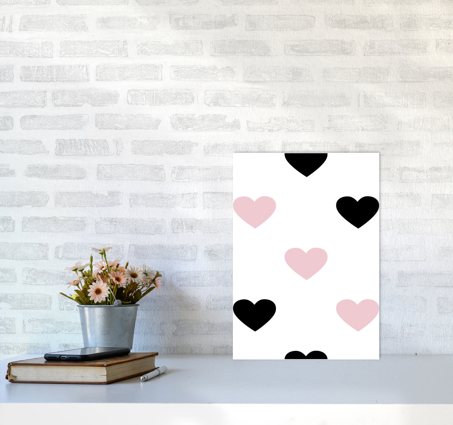Pink And Black Hearts Modern Print A3 Black Frame