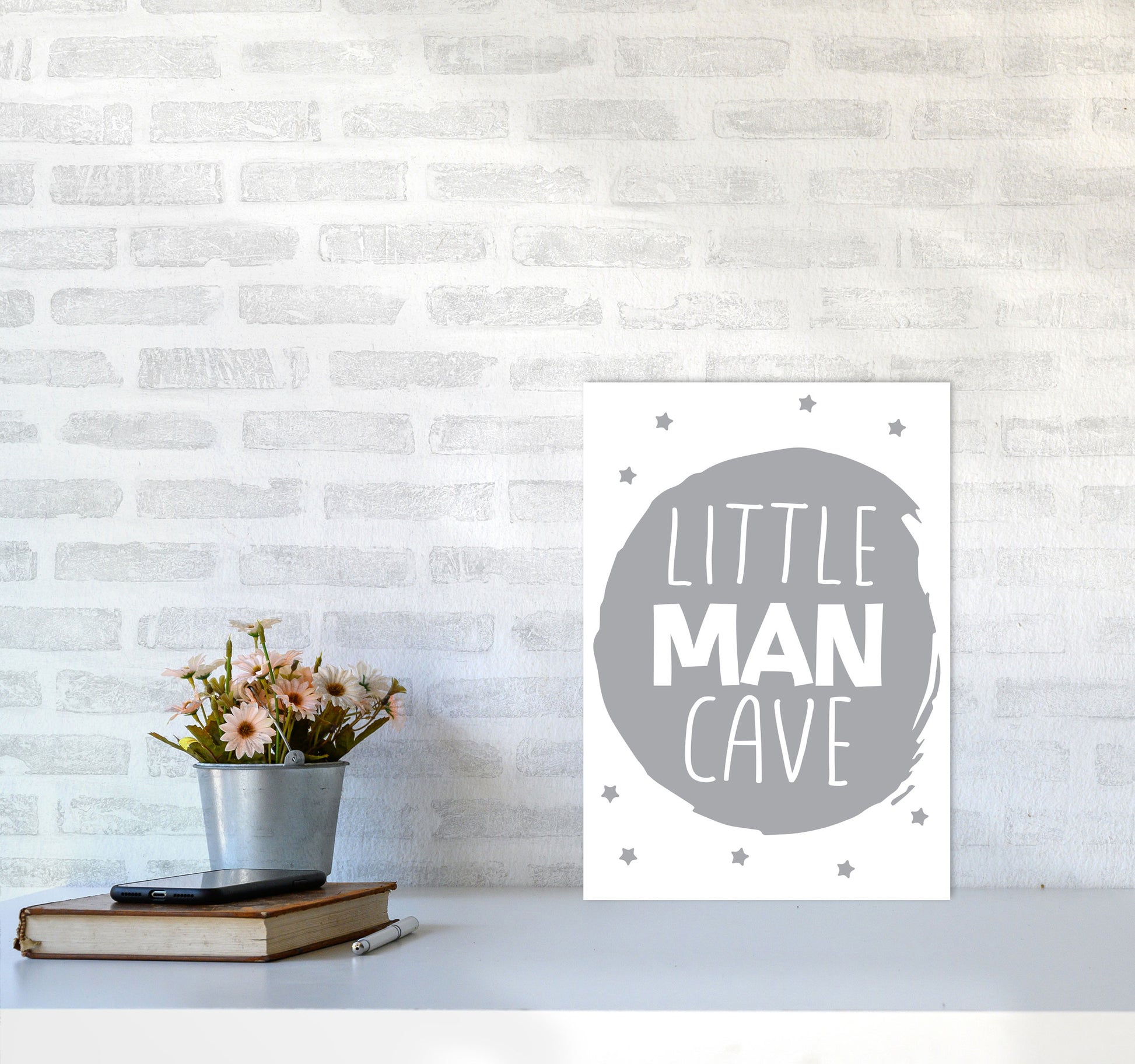 Little Man Cave Grey Circle Framed Nursey Wall Art Print A3 Black Frame