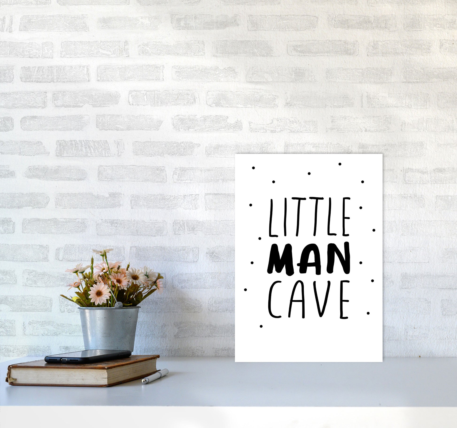 Little Man Cave Black Dots Framed Nursey Wall Art Print A3 Black Frame