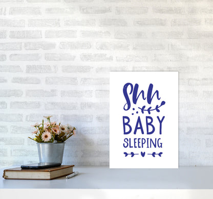 Shh Baby Sleeping Navy Framed Nursey Wall Art Print A3 Black Frame