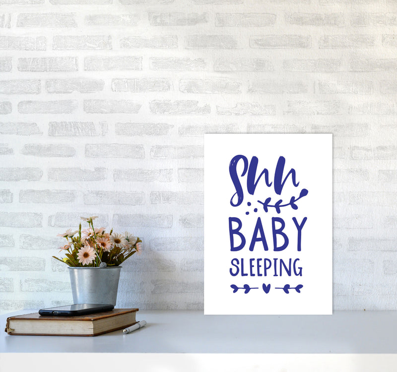 Shh Baby Sleeping Navy Framed Nursey Wall Art Print A3 Black Frame