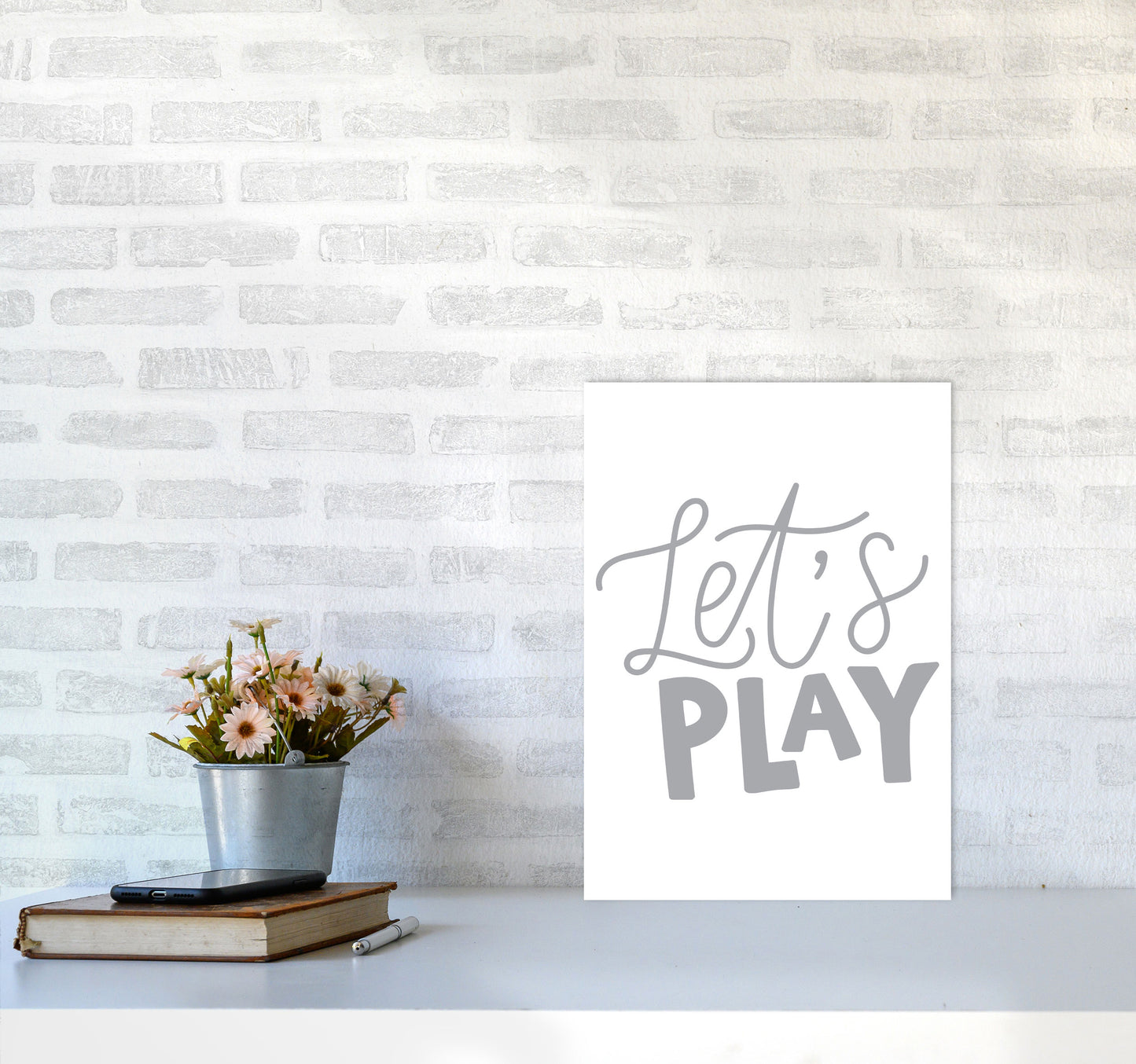 Let&#39;s Play Grey Framed Typography Wall Art Print A3 Black Frame