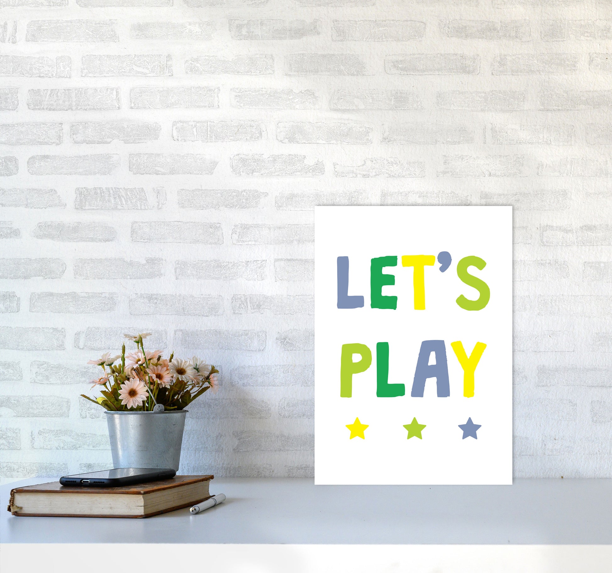 Let&#39;s Play Greens Framed Nursey Wall Art Print A3 Black Frame