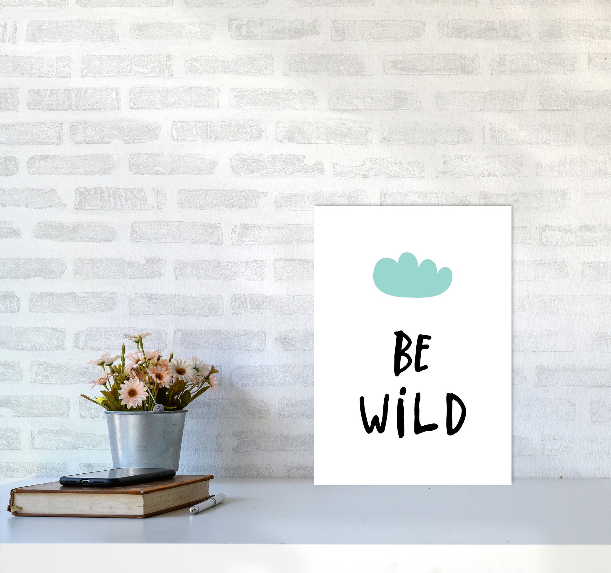 Be Wild Mint Cloud Framed Typography Wall Art Print A3 Black Frame