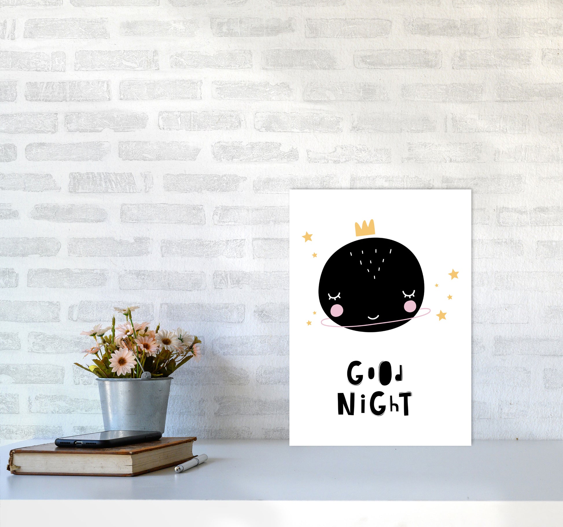 Good Night Planet Framed Nursey Wall Art Print A3 Black Frame