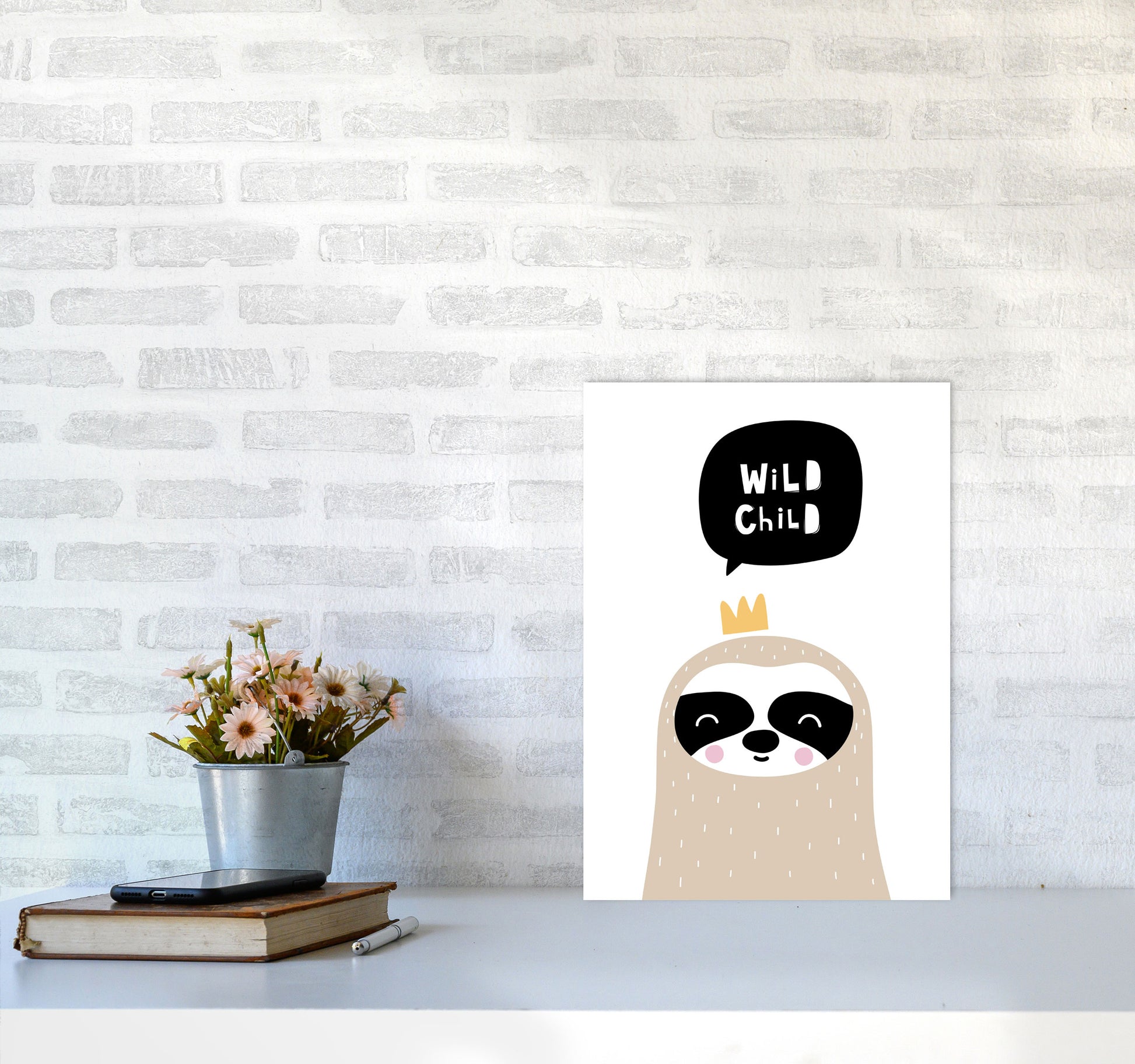 Wild Child Sloth Framed Nursey Wall Art Print A3 Black Frame