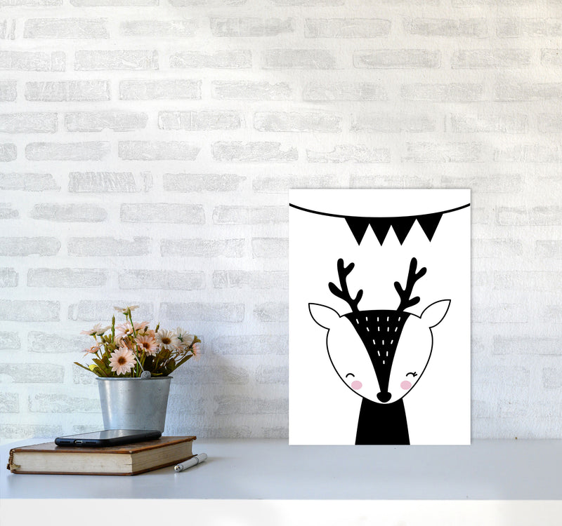 Scandi Black Deer With Banner Framed Nursey Wall Art Print A3 Black Frame