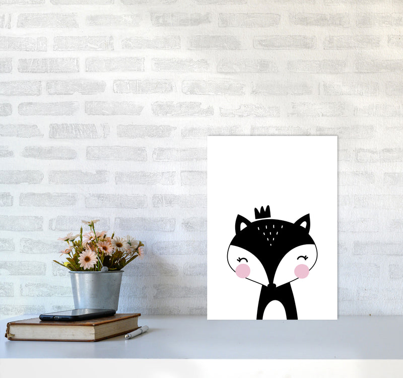Scandi Black Fox With Crown Framed Nursey Wall Art Print A3 Black Frame