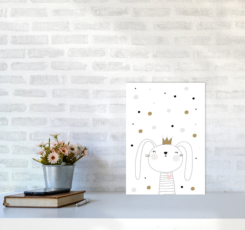 Scandi Cute Bunny With Crown And Polka Dots Modern Print A3 Black Frame