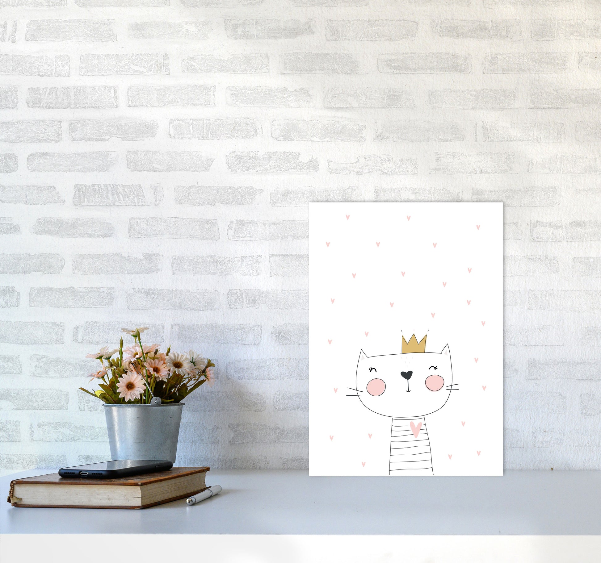 Scandi Cute Cat With Crown And Stars Framed Nursey Wall Art Print A3 Black Frame