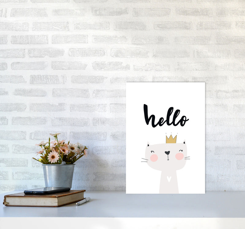 Hello Scandi Cat Modern Print Animal Art Print A3 Black Frame