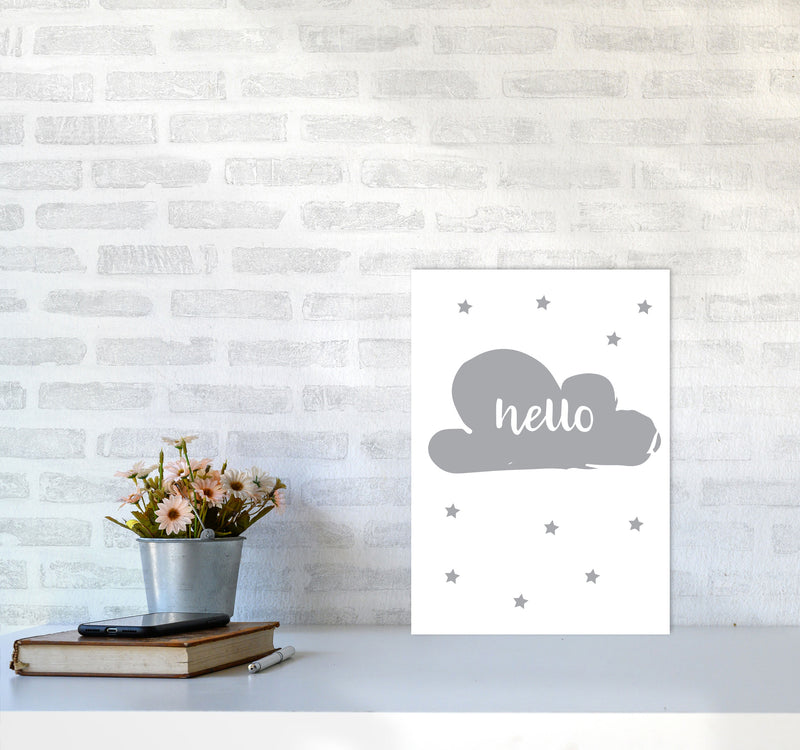 Hello Cloud Grey Framed Nursey Wall Art Print A3 Black Frame