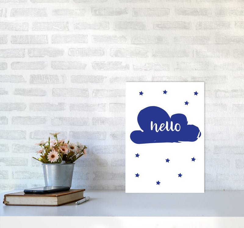 Hello Cloud Navy Framed Nursey Wall Art Print A3 Black Frame