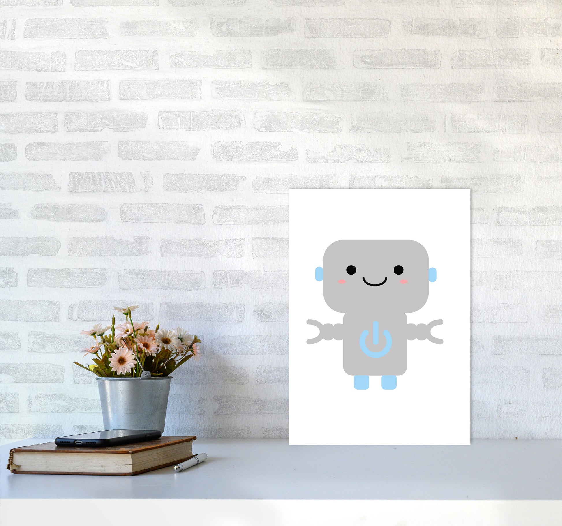 Robot Framed Nursey Wall Art Print A3 Black Frame
