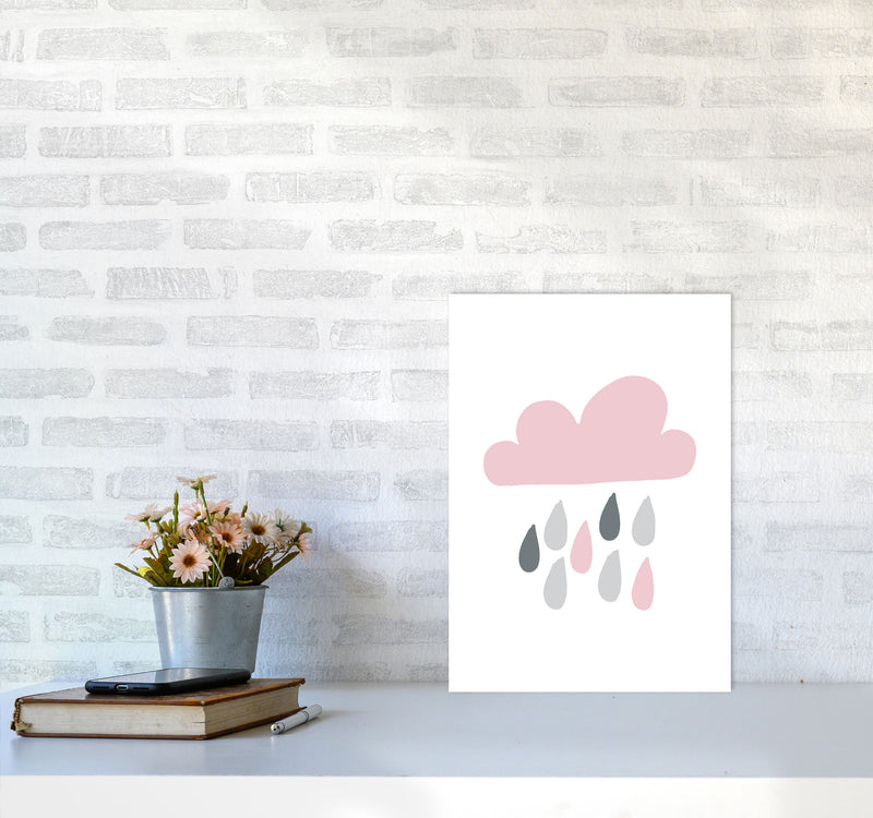 Pink And Grey Rain Cloud Framed Nursey Wall Art Print A3 Black Frame
