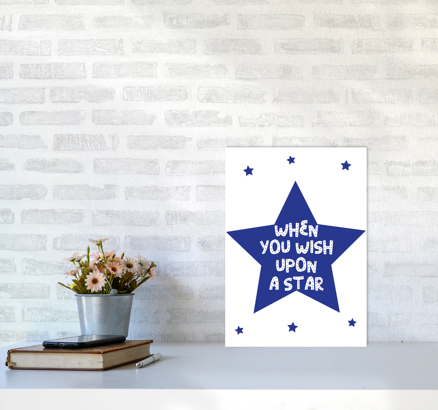 Wish Upon A Star Navy Framed Nursey Wall Art Print A3 Black Frame