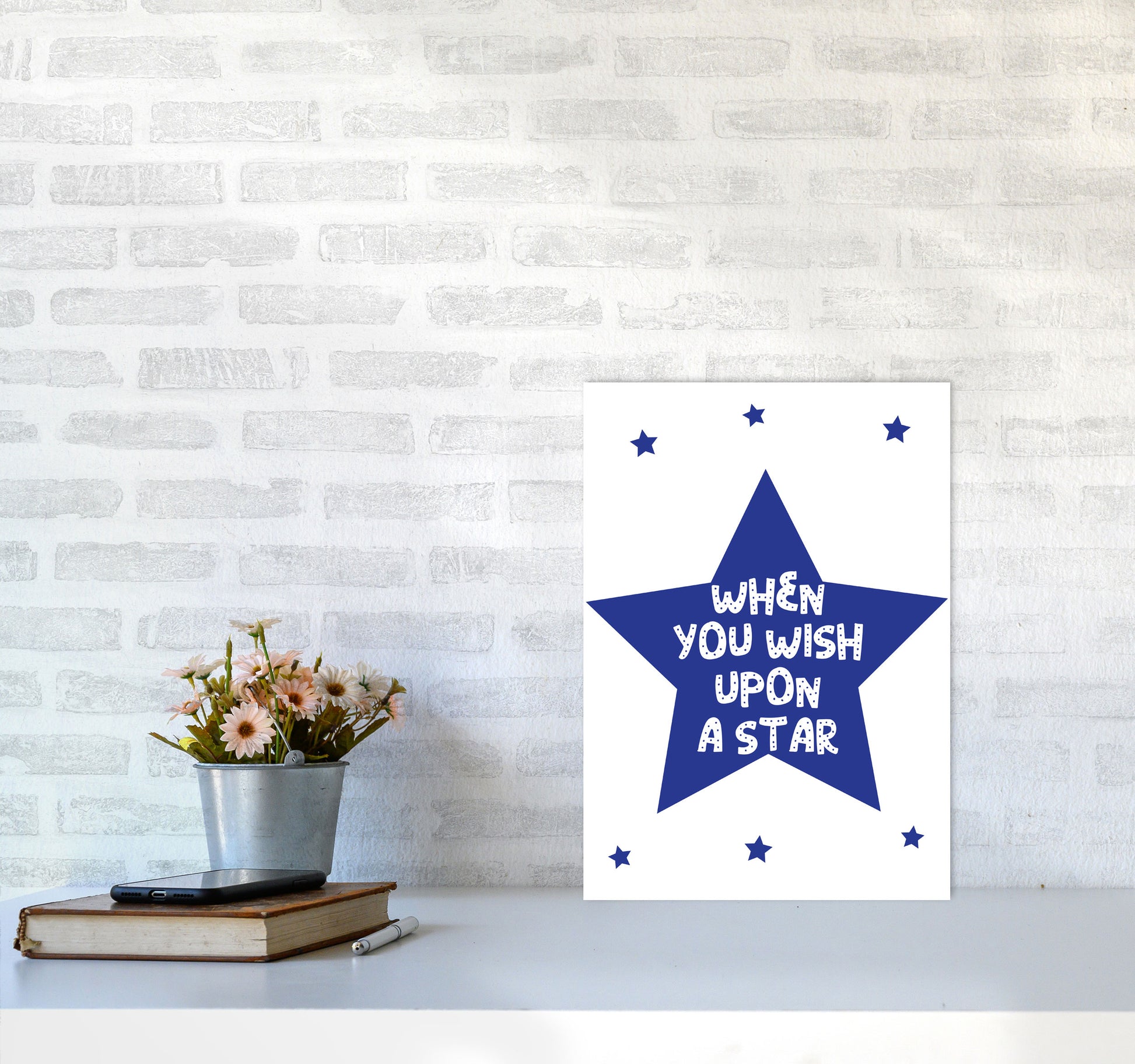 Wish Upon A Star Navy Framed Nursey Wall Art Print A3 Black Frame