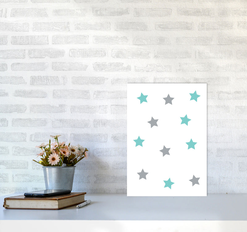 Mint And Grey Stars Framed Nursey Wall Art Print A3 Black Frame