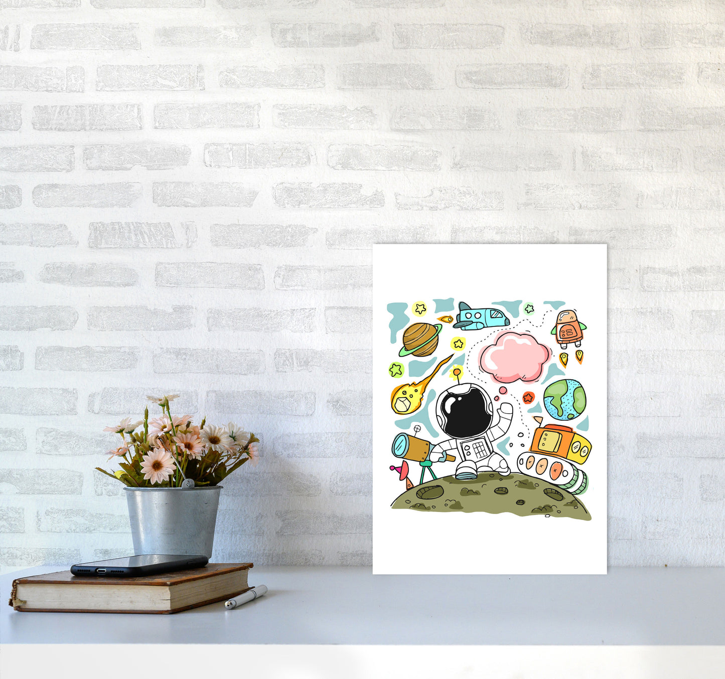 Space Illustration Framed Nursey Wall Art Print A3 Black Frame