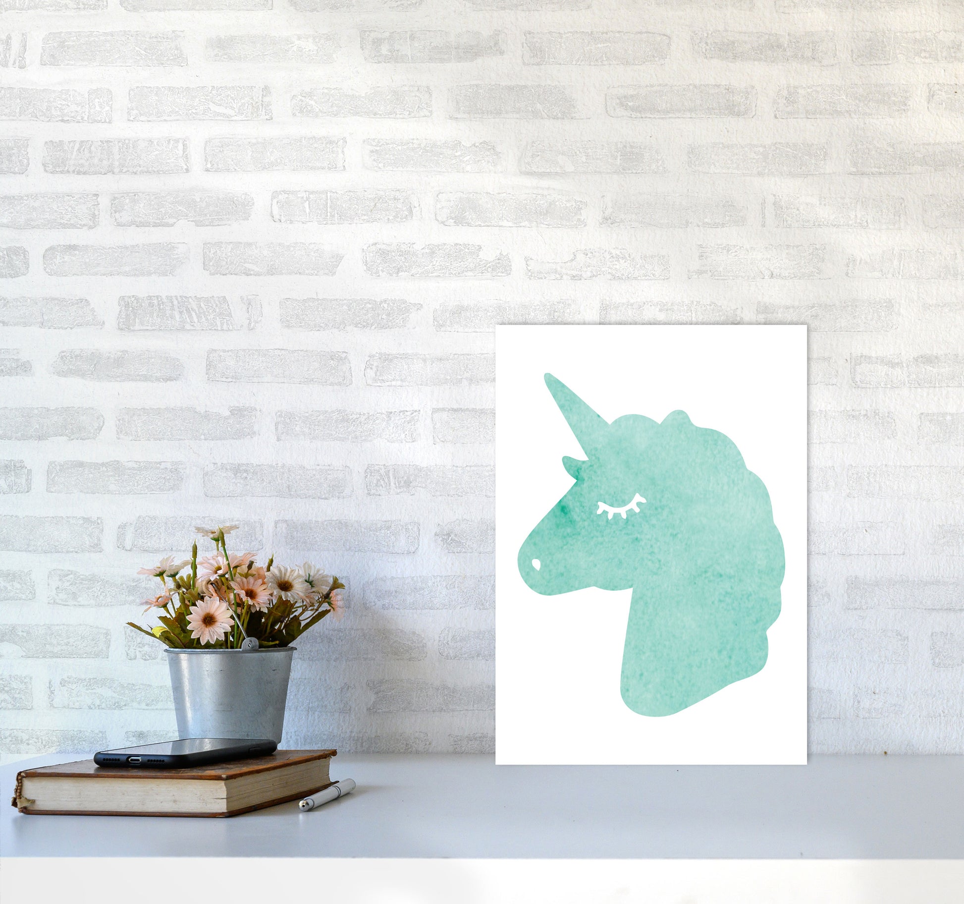 Mint Unicorn Head Modern Print Animal Art Print A3 Black Frame