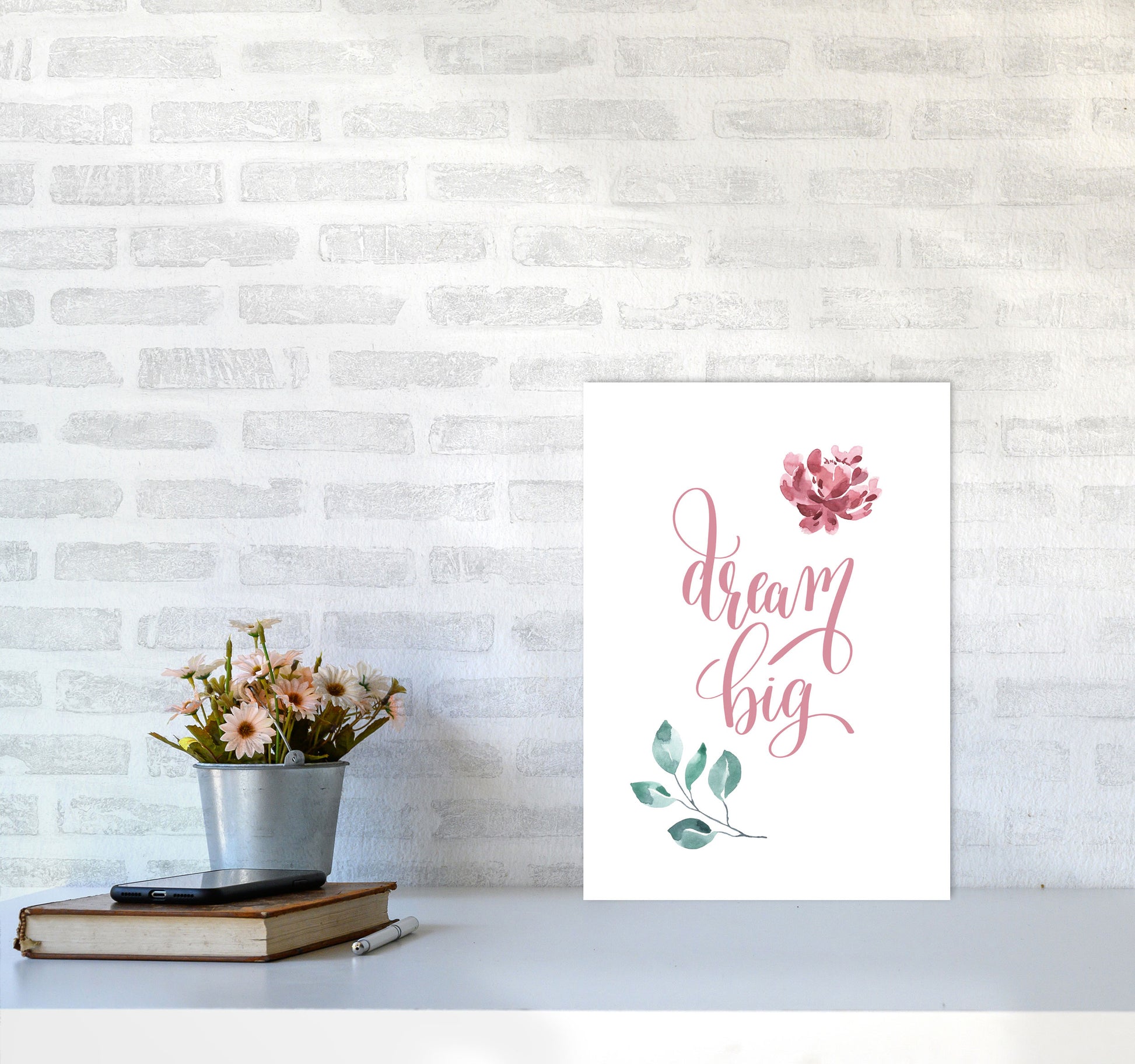 Dream Big Pink Floral Framed Typography Wall Art Print A3 Black Frame