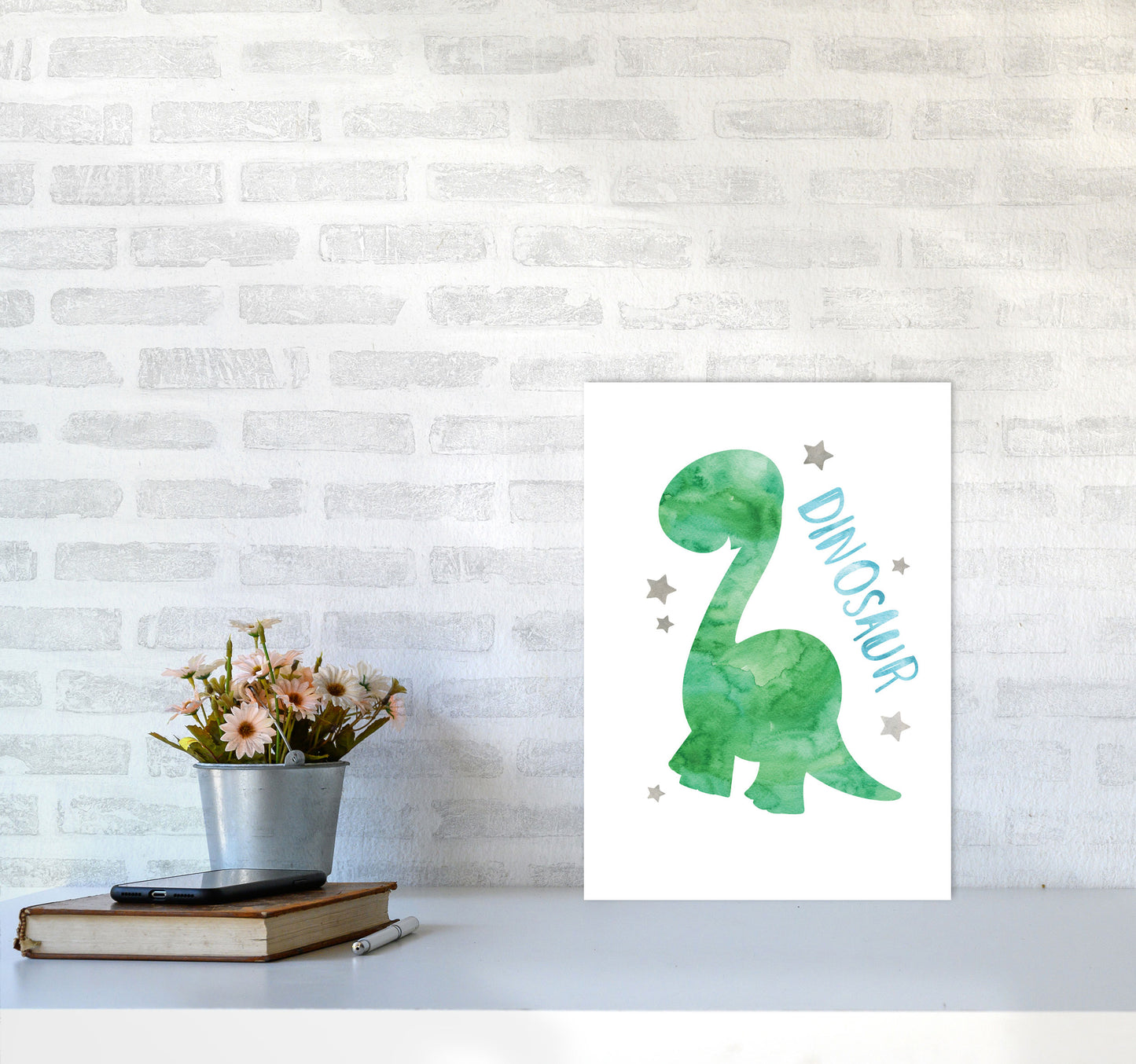 Dinosaur Watercolour Modern Print A3 Black Frame
