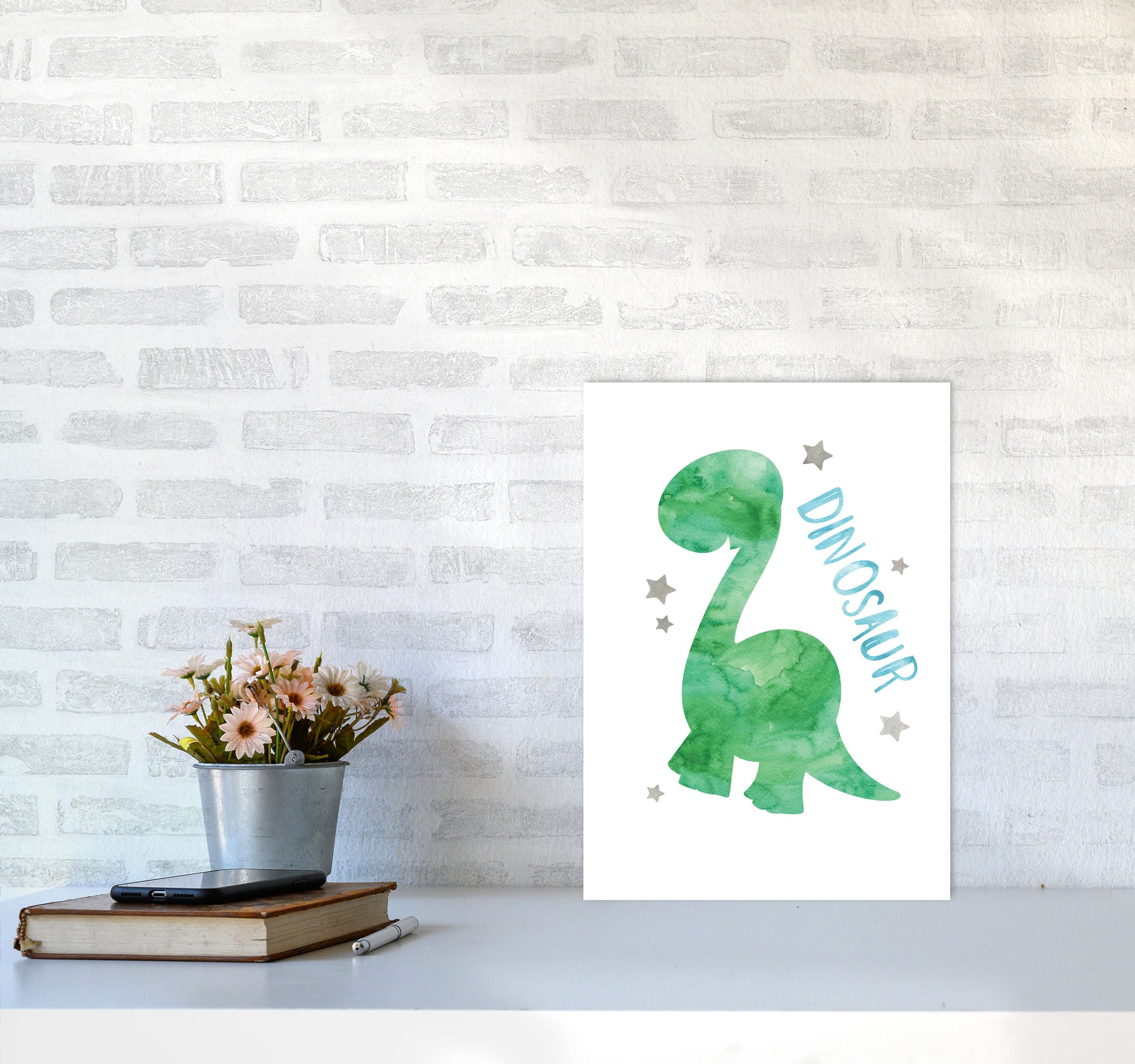 Dinosaur Watercolour Modern Print A3 Black Frame