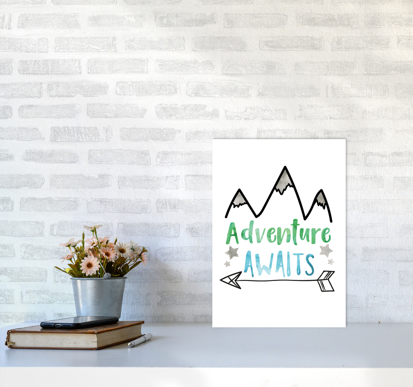 Adventure Awaits Watercolour Modern Print A3 Black Frame