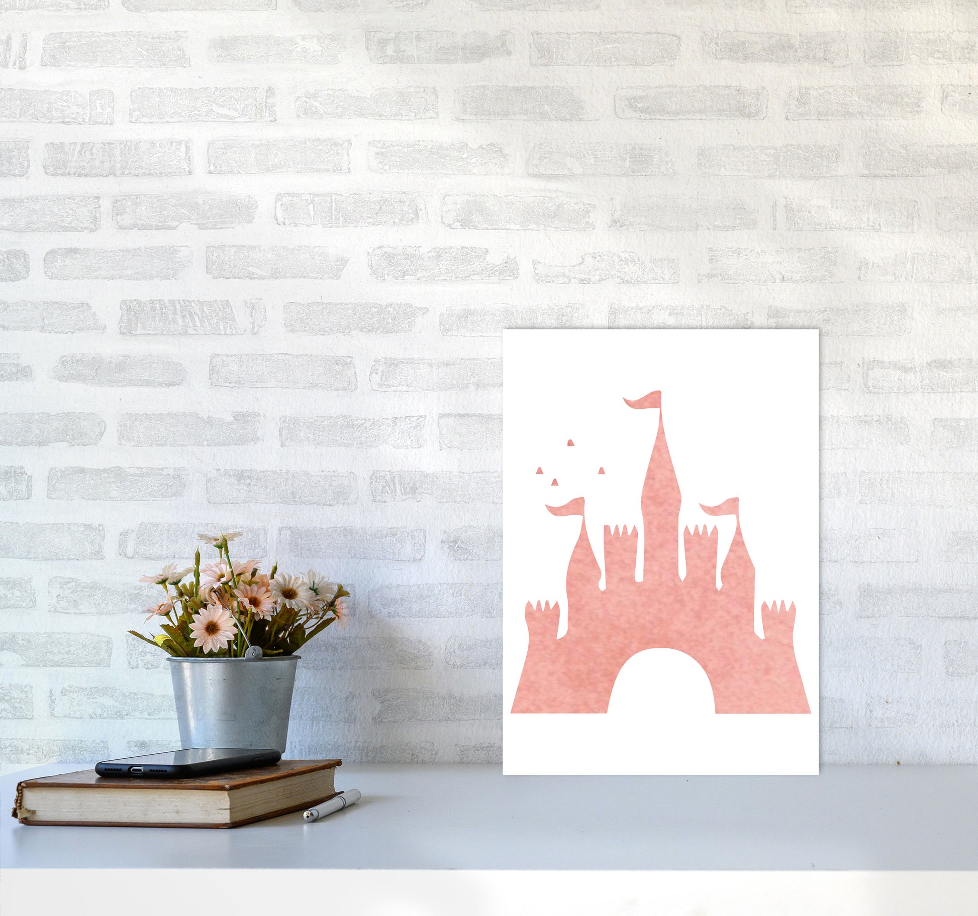 Peach Castle Watercolour Modern Print A3 Black Frame