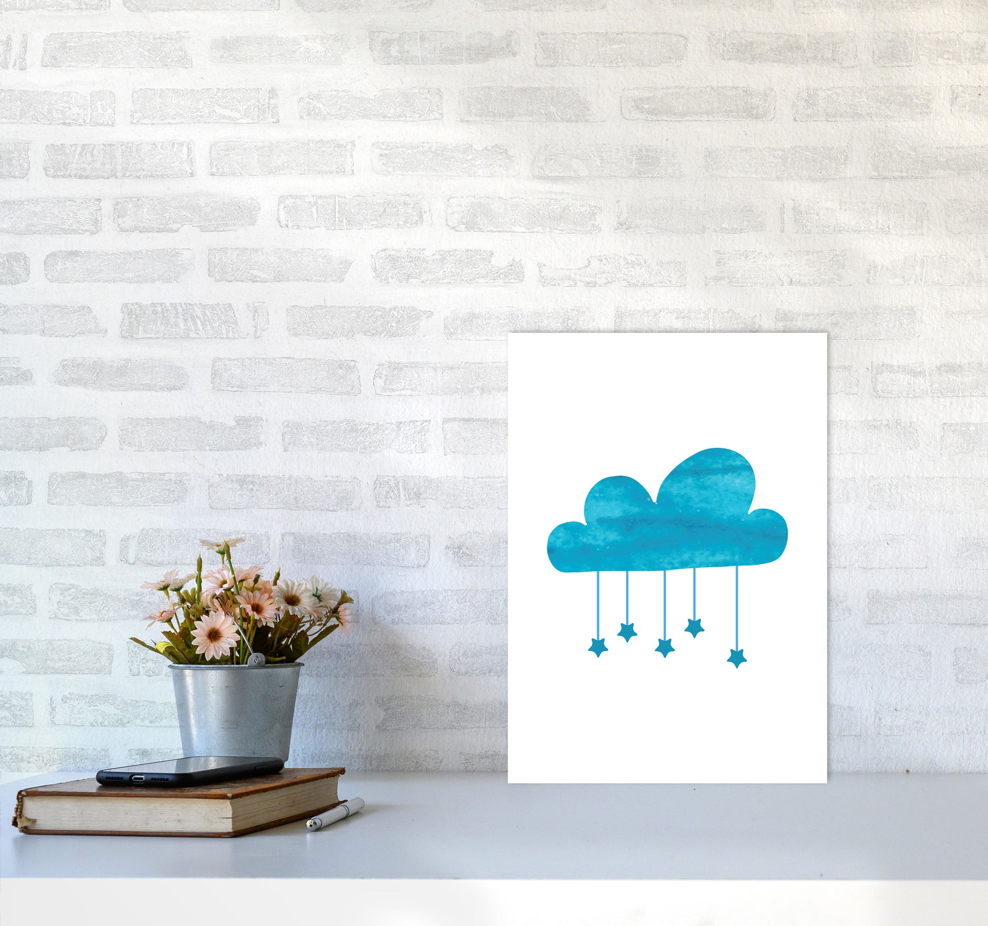 Turquoise Cloud Watercolour Modern Print A3 Black Frame