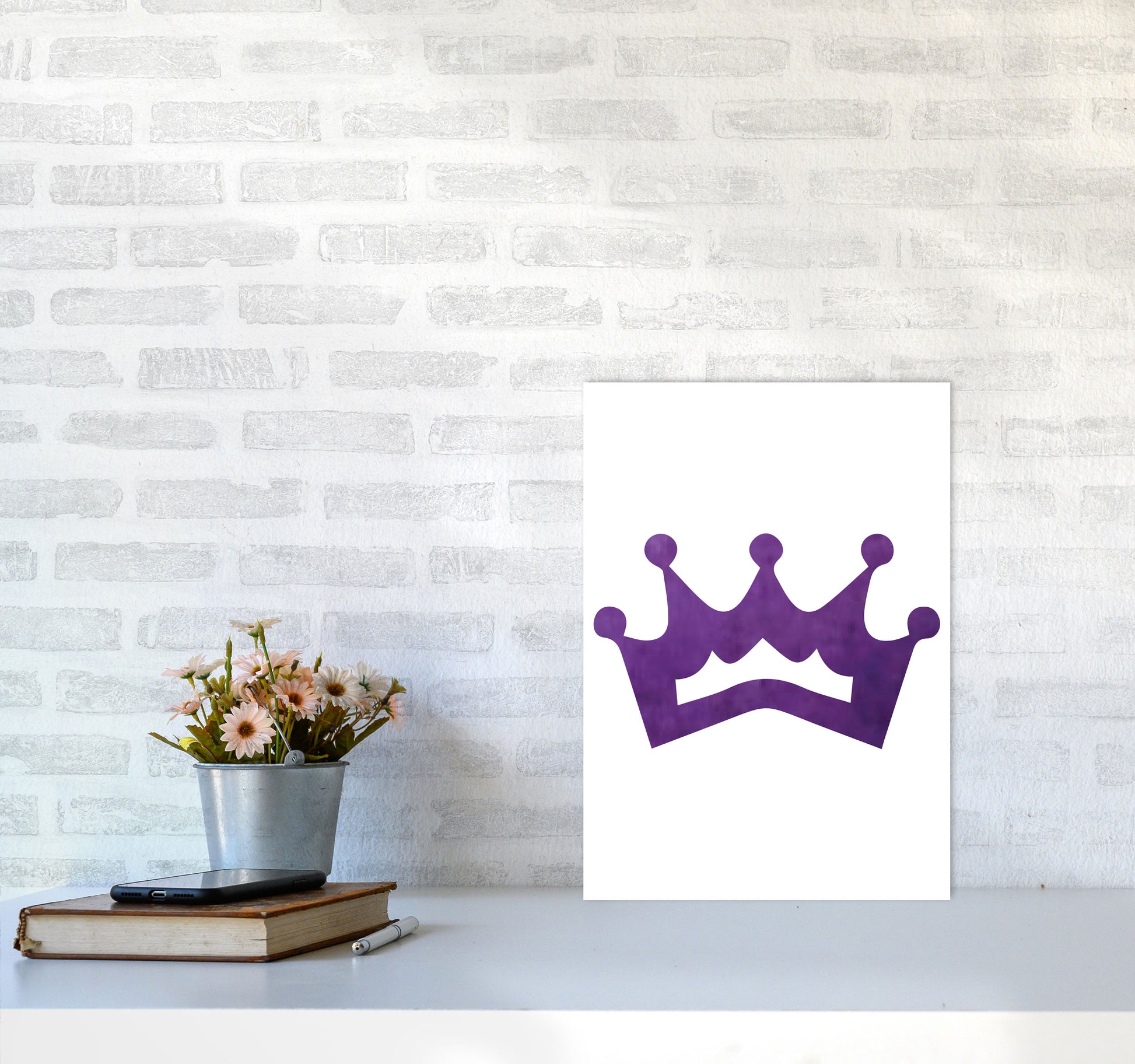 Purple Crown Watercolour Modern Print A3 Black Frame