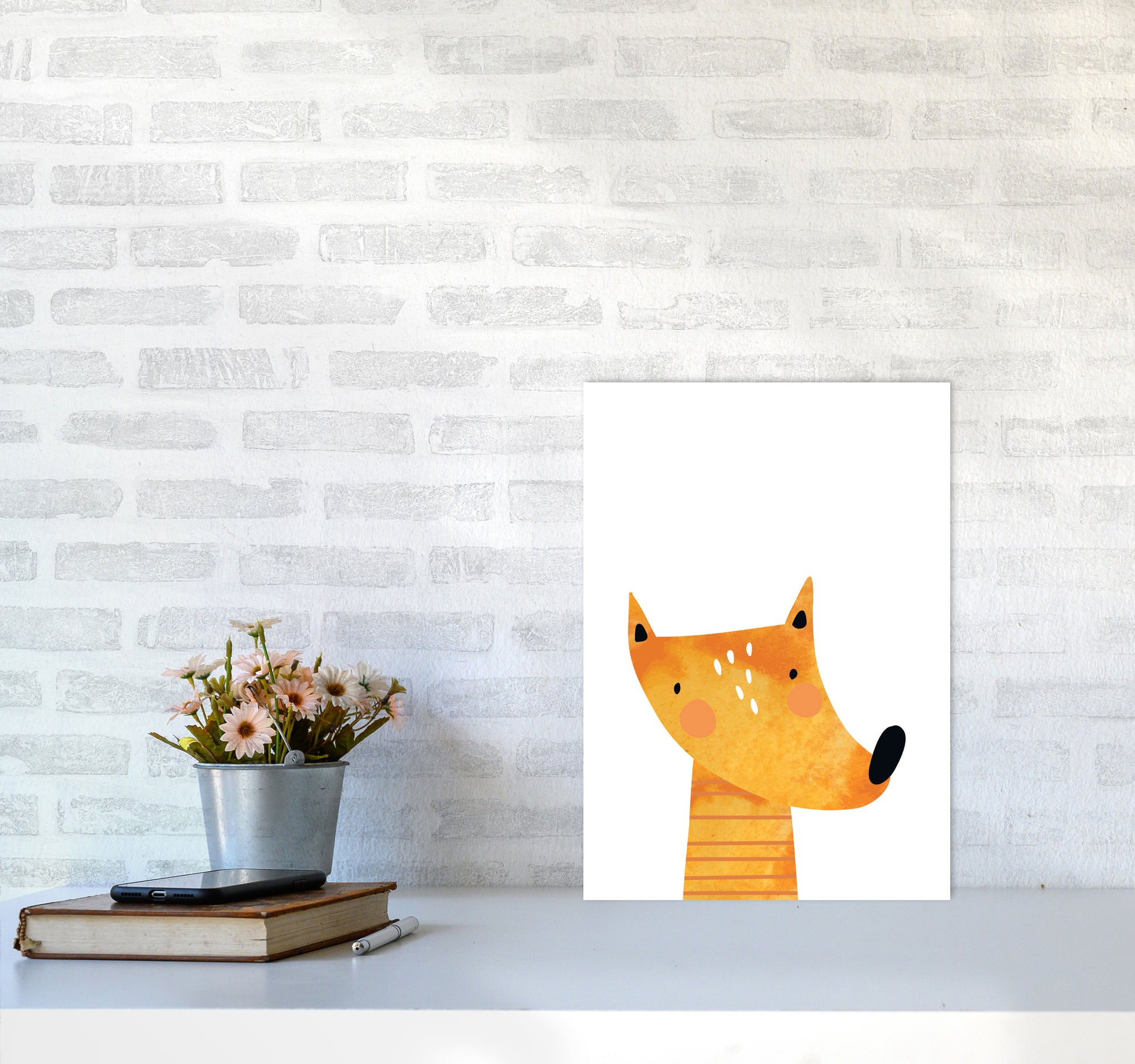 Scandi Fox Watercolour Framed Nursey Wall Art Print A3 Black Frame