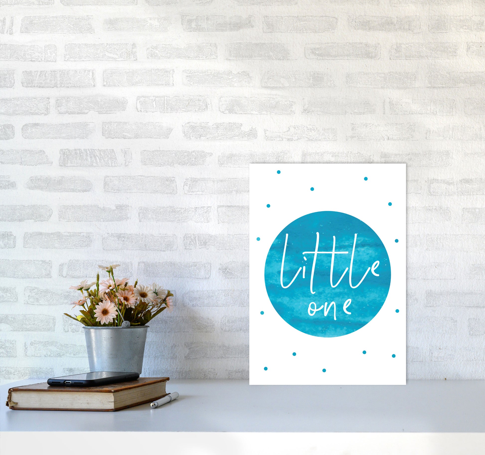 Little One Turquoise Watercolour Modern Print A3 Black Frame