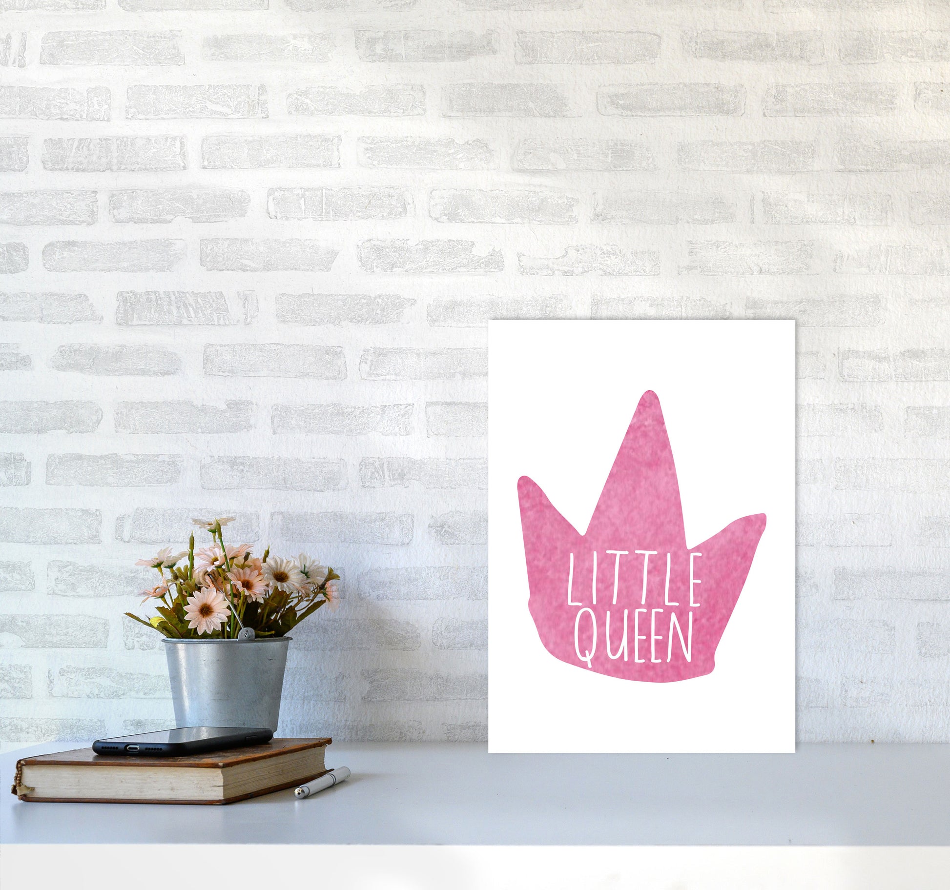 Little Queen Pink Crown Watercolour Modern Print A3 Black Frame