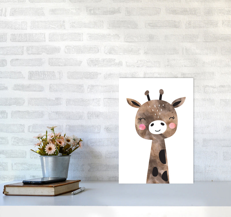 Scandi Brown Giraffe Watercolour Framed Nursey Wall Art Print A3 Black Frame