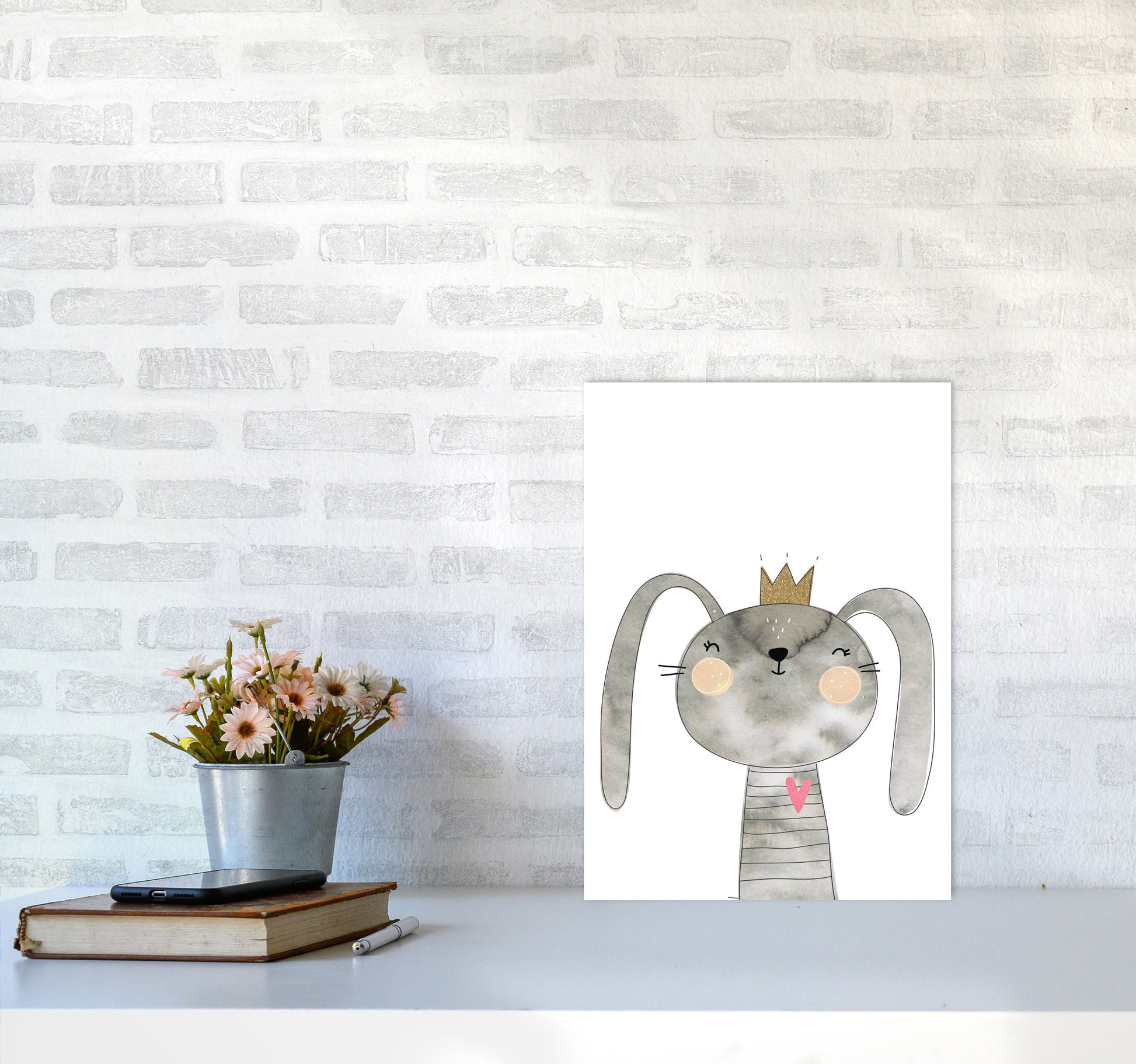 Scandi Grey Bunny Watercolour Framed Nursey Wall Art Print A3 Black Frame