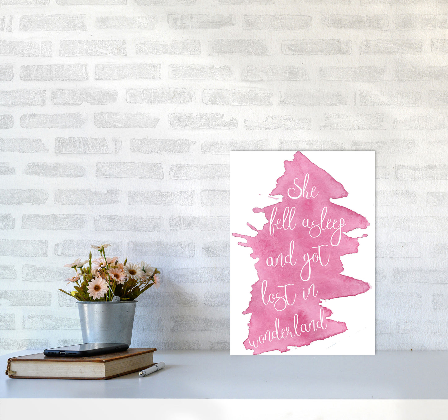 Wonderland Pink Watercolour Modern Print A3 Black Frame