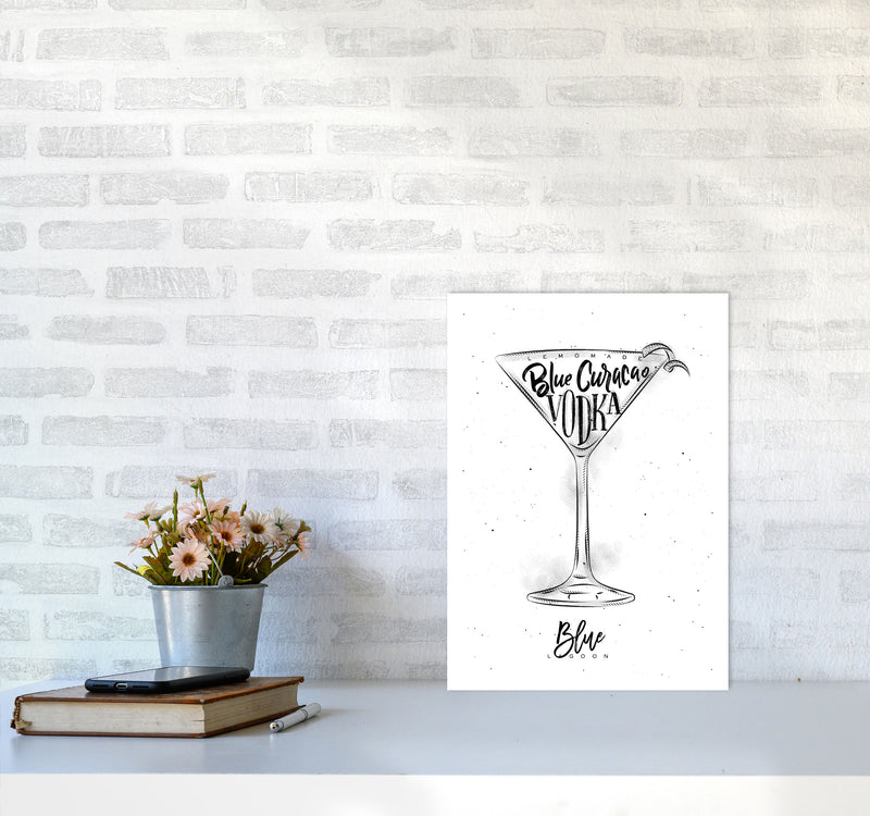 Blue Lagoon Cocktail Modern Print, Framed Kitchen Wall Art A3 Black Frame