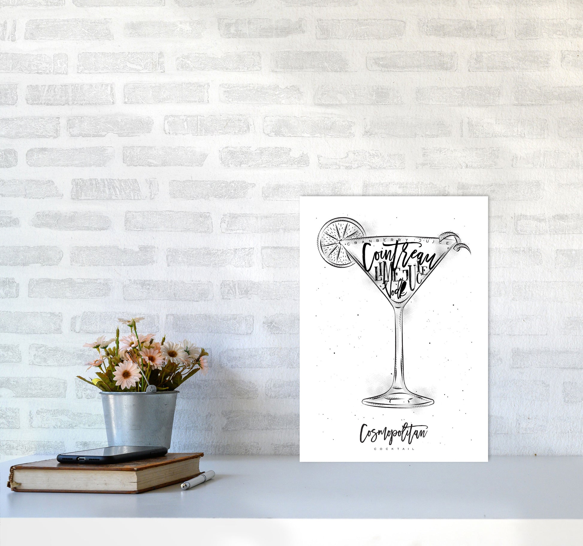 Cosmopolitan Cocktail Modern Print, Framed Kitchen Wall Art A3 Black Frame