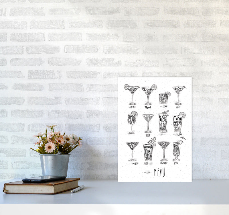 Cocktails Menu Modern Print, Framed Kitchen Wall Art A3 Black Frame