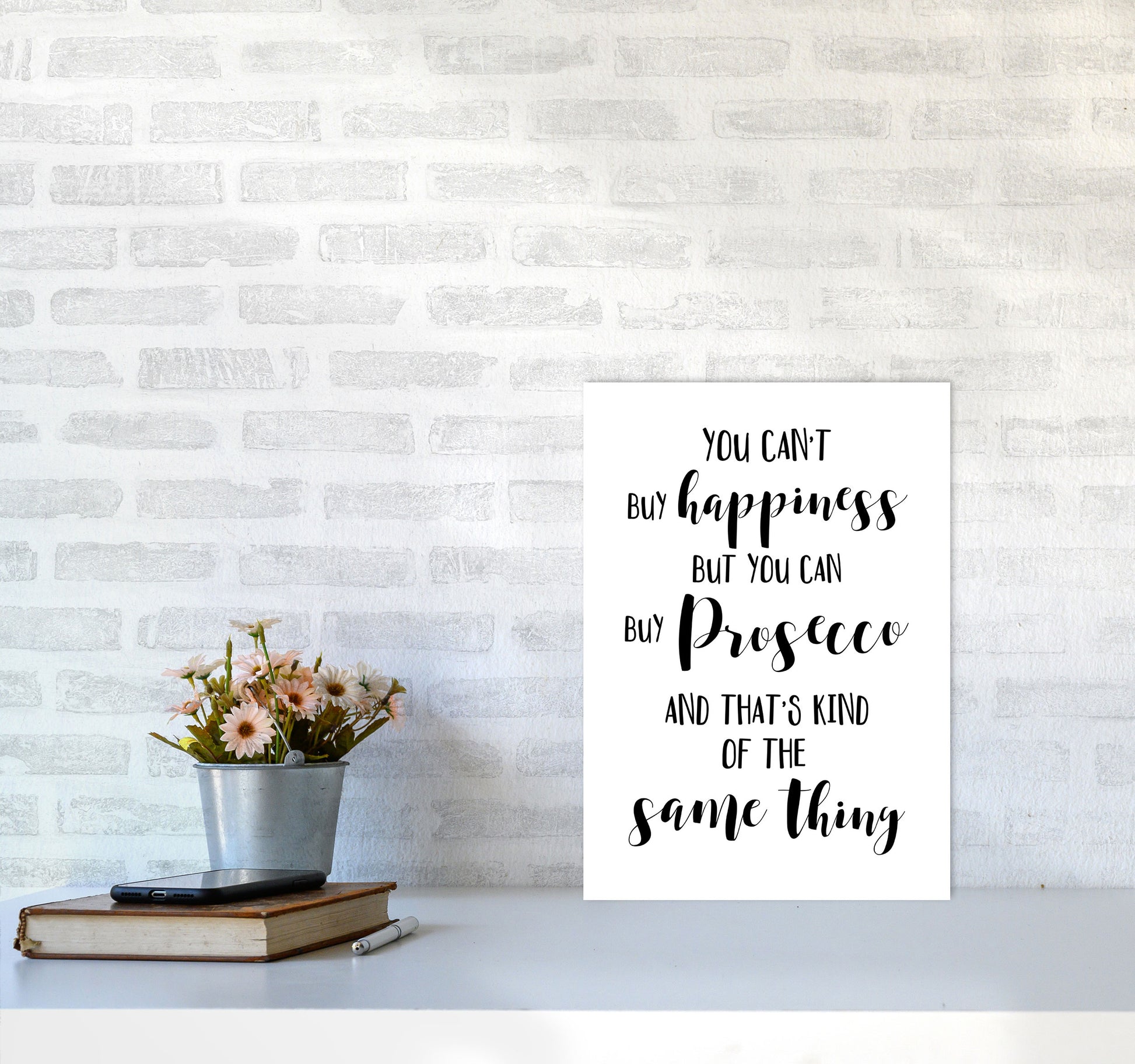 Happiness Is Prosecco Modern Print, Framed Kitchen Wall Art A3 Black Frame