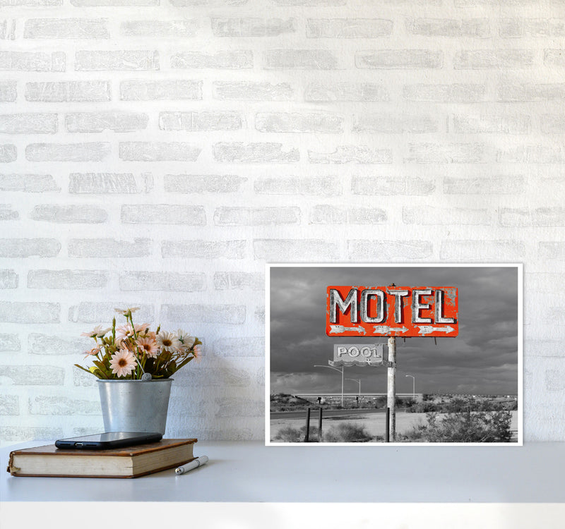 Red Motel Sign Modern Print A3 Black Frame