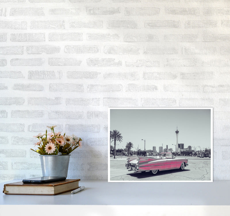 Retro Pink Car Modern Print A3 Black Frame