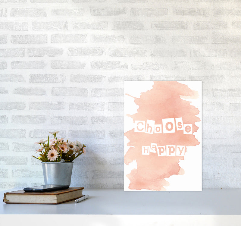 Choose Happy Peach Watercolour Modern Print A3 Black Frame