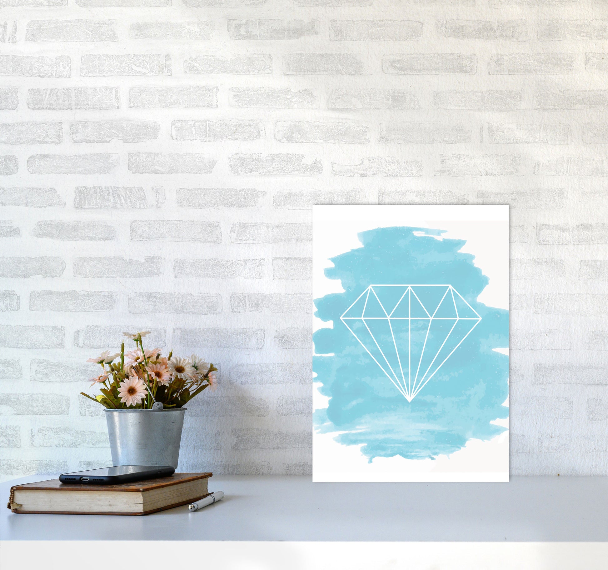 Geo Diamond Light Blue Watercolour Modern Print A3 Black Frame